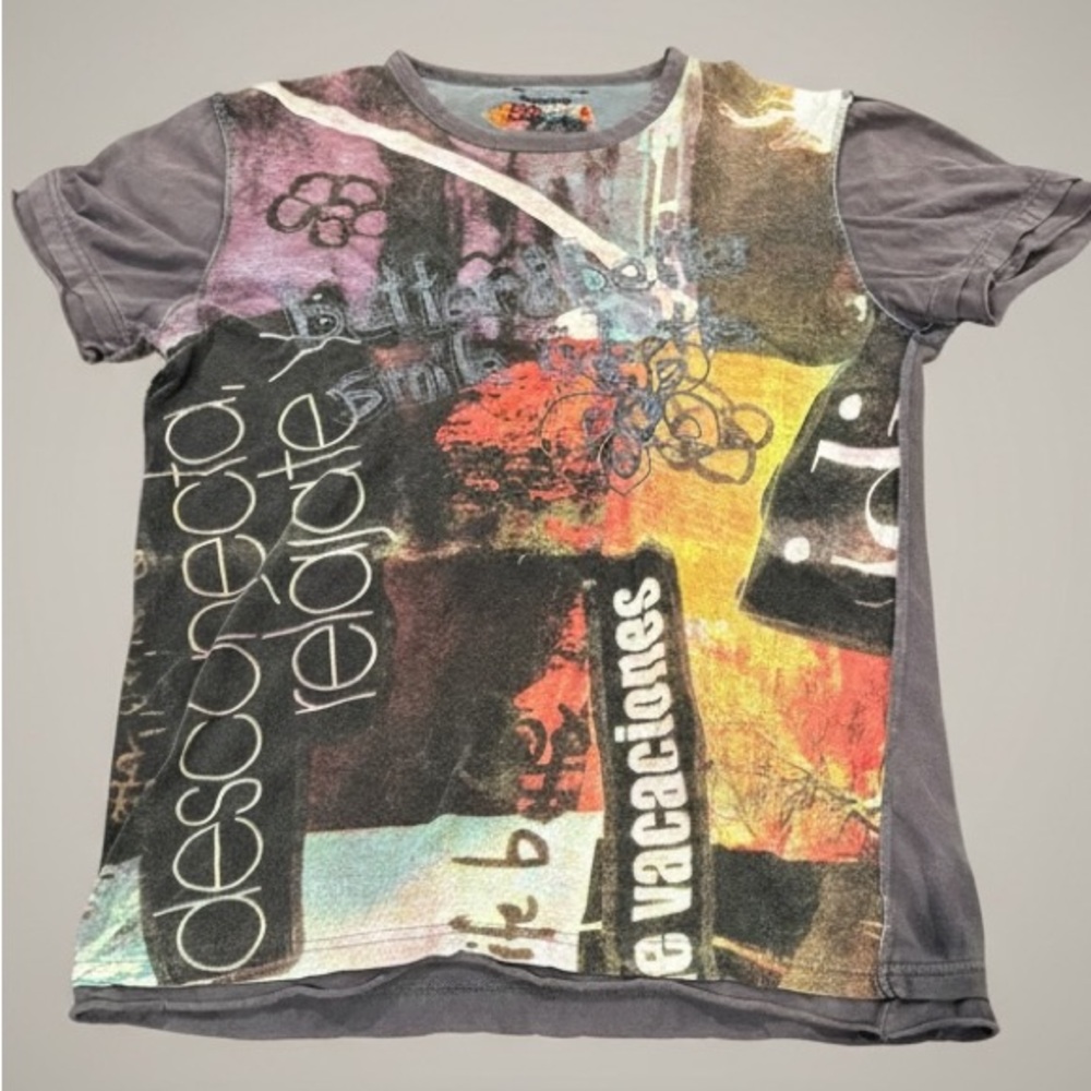 Desigual Graphic Tee Short Sleeve Gray Multicolor Embroidered size Med Festival